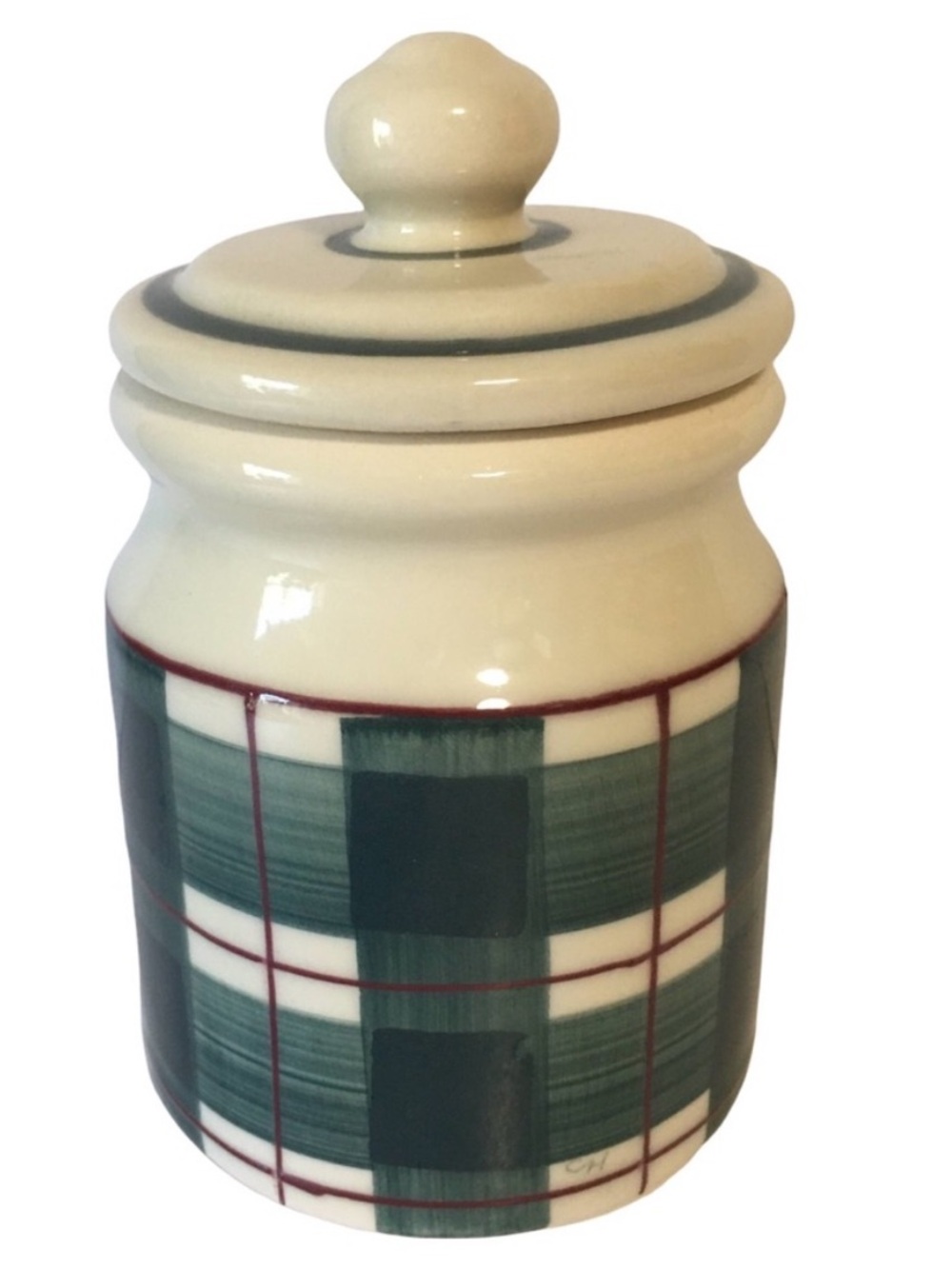 Vintage Hartstone Pottery Buffalo Check Plaid Canister Jar with Lid USA 7” tall